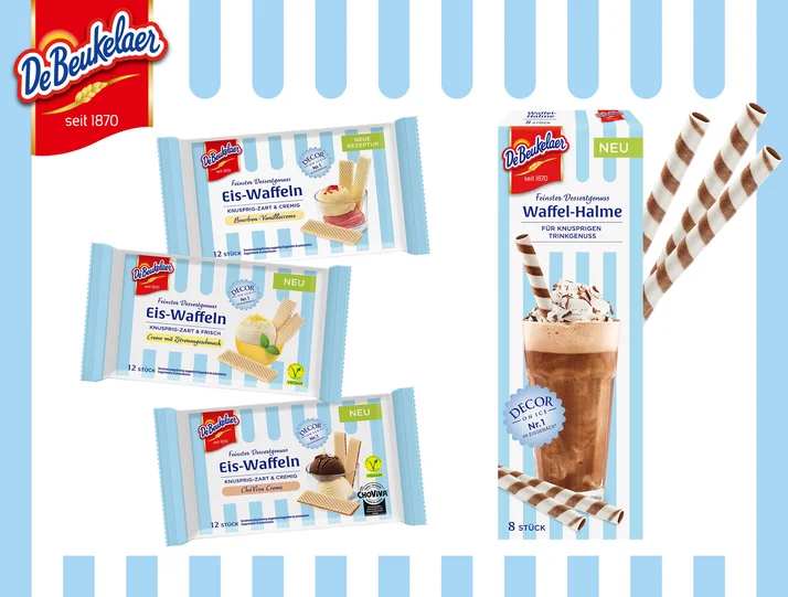 „Feinster Dessertgenuss“ von De Beukelaer „Feinster Dessertgenuss“ von De Beukelaer mit den zwei Neuprodukten Waffel-Halme und Eis-Waffeln